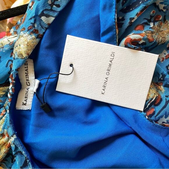 Karina Grimaldi Letitzia Dress LUREX print chiffon blue gold Sz S NWT $306 - Picture 10 of 11